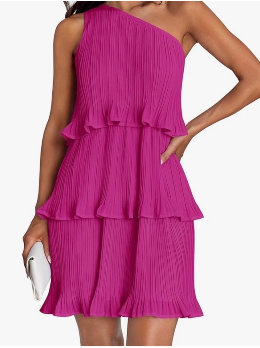 💕🌺 Zesica S One-Shoulder Fuchsia pink Tiered Pleated fun bold party Dress